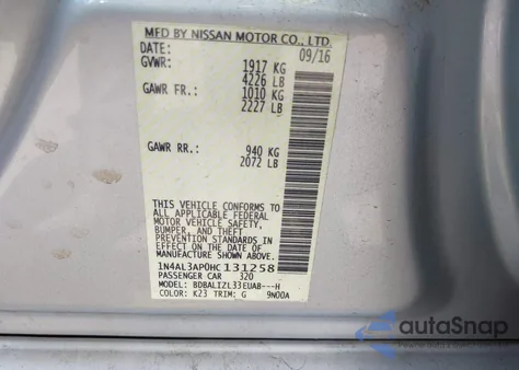 2017 Nissan Altima 2.5 Sv z USA, uszkodzony, nr VIN 1N4AL3AP0HC131258